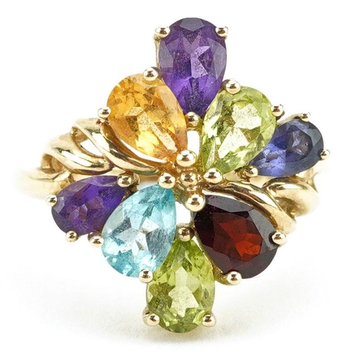 426 - A 9ct gold multi gem dress ring set with colourful stones including garnet, citrine, amethyst and pe... 