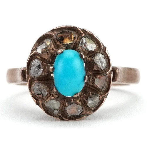 93 - An antique unmarked gold cabochon turquoise and old cut diamond cluster ring with pierced setting, s... 