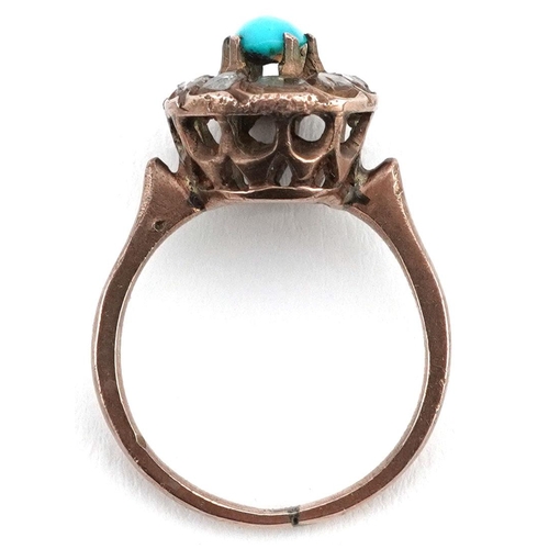 93 - An antique unmarked gold cabochon turquoise and old cut diamond cluster ring with pierced setting, s... 