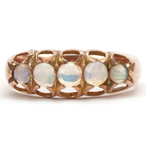 429 - An Edwardian 9ct rose gold cabochon opal five stone ring, Birmingham 1903, size Q, 2.9g.