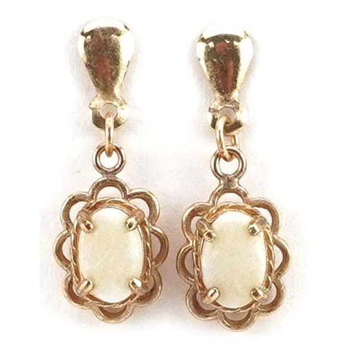 441 - A pair of 9ct gold cabochon opal drop earrings, 1.9cm high, total 1.1g.