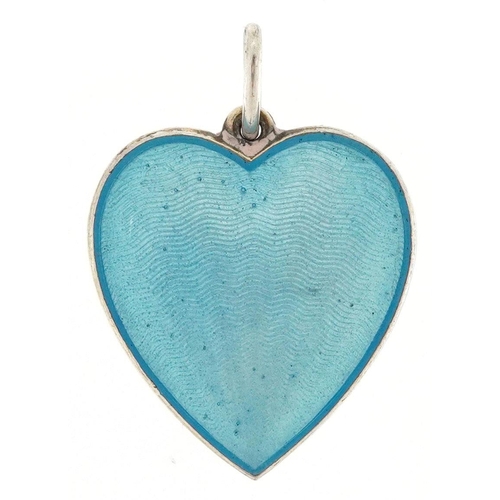 66 - T Holth silver and blue guilloche enamel love heart pendant with a prayer, 1.9cm high, 3.0g.