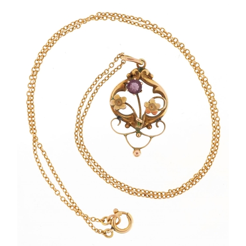 55 - An Edwardian unmarked gold floral openwork pendant on a 9ct gold necklace, 3cm high and 40cm in leng... 