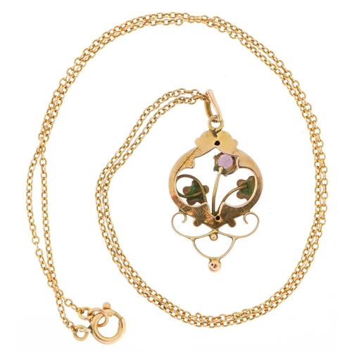 55 - An Edwardian unmarked gold floral openwork pendant on a 9ct gold necklace, 3cm high and 40cm in leng... 