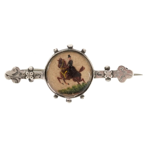 377 - A Victorian unmarked gold equestrian interest Essex crystal bar brooch, 4cm wide, 4.4g.