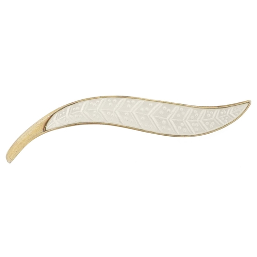 73 - Marius Hammer, a mid century Norwegian 925S sterling silver and white guilloche enamel leaf brooch, ... 