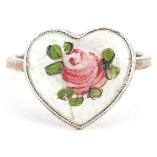 582 - A silver and guilloche enamel love heart child's ring hand painted with a rose, size B, 1.2g.