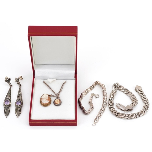 617 - Antique and later silver jewellery including a pair of Art Deco style amethyst and marcasite drop ea... 