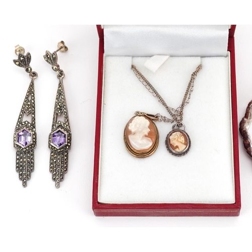 617 - Antique and later silver jewellery including a pair of Art Deco style amethyst and marcasite drop ea... 