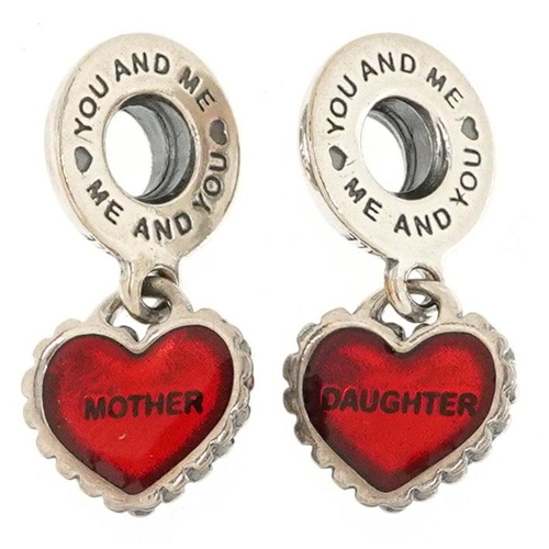 313 - Two Pandora silver and enamel mother and daughter love heart charms, 2.2cm high, total 7.3g, box and... 