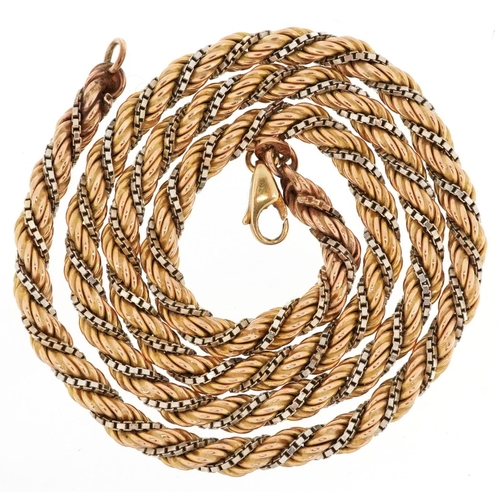 A 9ct two tone gold rope twist necklace, 47cm in length, 23.0g.