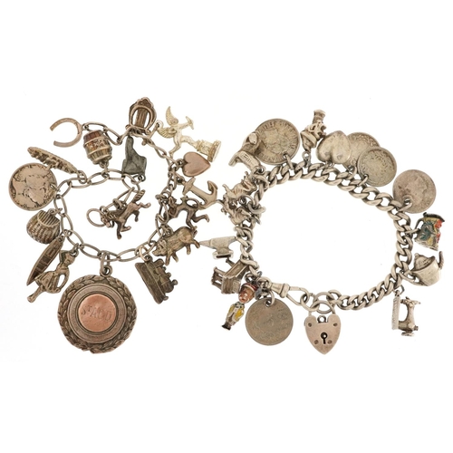 328 - Two silver and white metal charm bracelets with a collection of mostly silver charms including coins... 