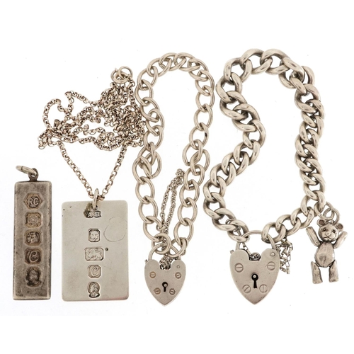 606 - Two silver bracelets with love heart padlock clasps, two silver ingot pendants and a silver Belcher ... 