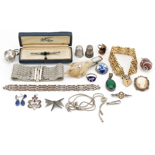 620 - Antique and later jewellery and objects including silver thimbles, silver gate bracelet and Scottish... 