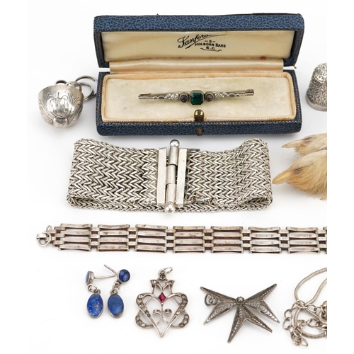 620 - Antique and later jewellery and objects including silver thimbles, silver gate bracelet and Scottish... 