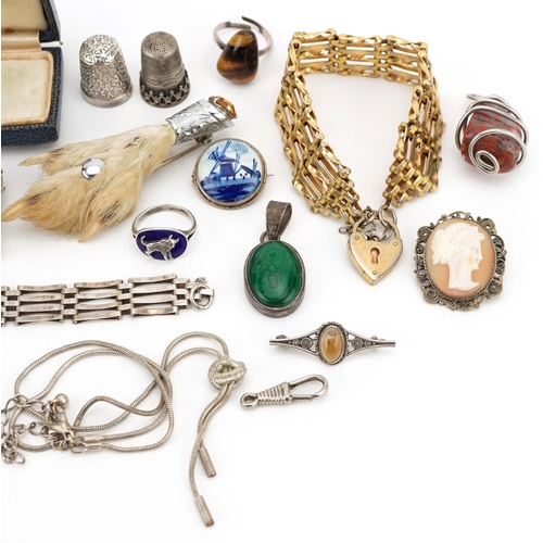 620 - Antique and later jewellery and objects including silver thimbles, silver gate bracelet and Scottish... 