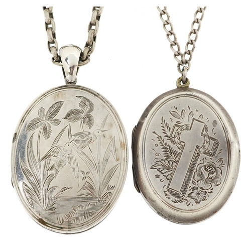 607 - Two Victorian white metal oval lockets with engraved decoration, one with silver necklace and one wi... 