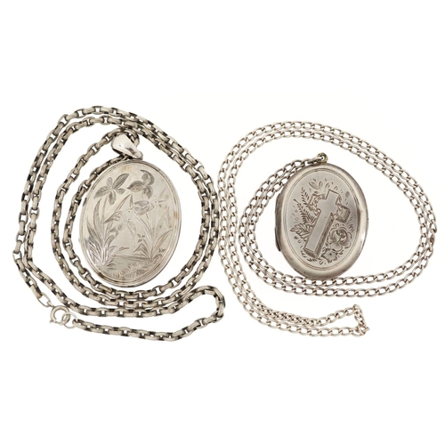 607 - Two Victorian white metal oval lockets with engraved decoration, one with silver necklace and one wi... 