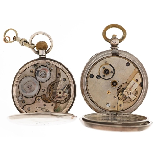 612 - Two gentlemen's silver open pocket watches, each having enamelled and subsidiary dials with Roman an... 