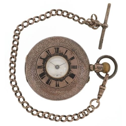 An antique French silver Remontoir gentlemen's silver half hunter pocket watch on chain having enamelled and subsidiary dials with Roman and Arabic numerals, 50mm in diameter.