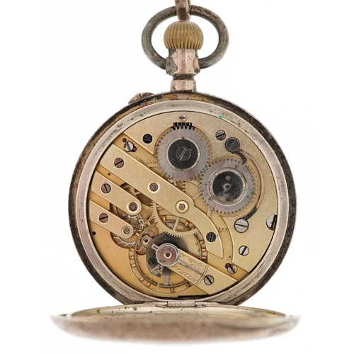  An antique French silver Remontoir gentlemen's silver half hunter pocket watch on chain having ename... 