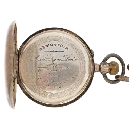  An antique French silver Remontoir gentlemen's silver half hunter pocket watch on chain having ename... 