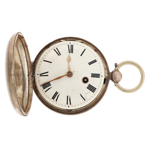 570 - A George IV silver key wind full hunter fusée pocket watch having enamelled dial with Roman numerals... 