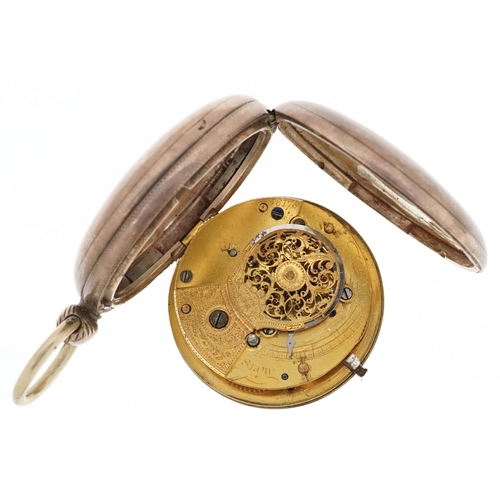 570 - A George IV silver key wind full hunter fusée pocket watch having enamelled dial with Roman numerals... 