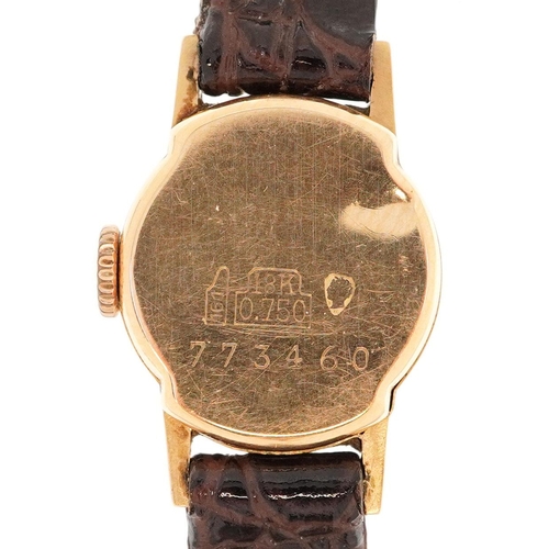 482 - Rotary, ladies 18ct gold cased manual wind wristwatch, 15mm in diameter.