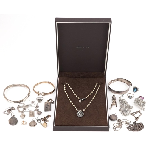 626 - Antique and later jewellery, mostly silver, including silver ingot pendant, necklaces, sterling silv... 