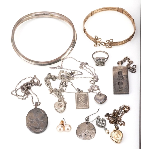 626 - Antique and later jewellery, mostly silver, including silver ingot pendant, necklaces, sterling silv... 