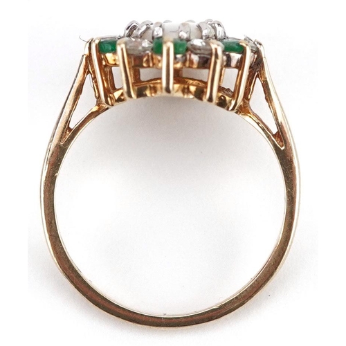 295 - A 9ct gold cluster ring set with a cabochon opal, emeralds and clear stones, size J, 2.5g.