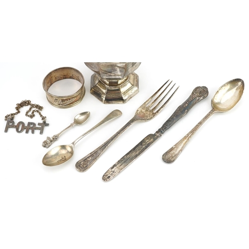 654 - Georgian and later silver objects including an octagonal silver caster by Mappin & Webb and spoons t... 