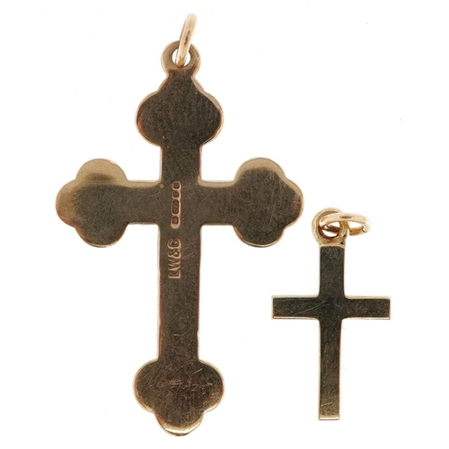 470 - Two 9ct gold cross pendants including one with floral engraved decoration, the largest 3.5cm high, t... 