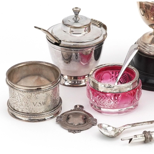 693 - A collection of antique and later silver and silver plated objects including a miniature silver two ... 