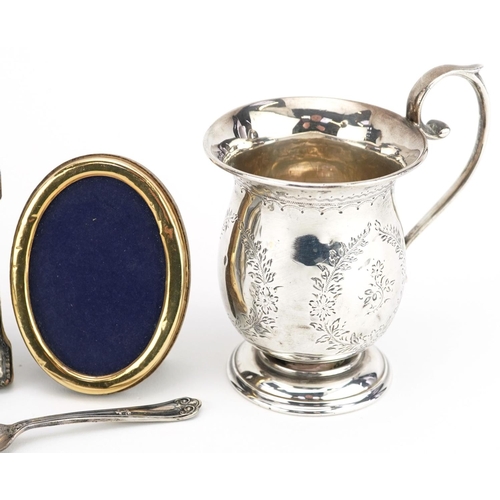 678 - Antique and later silver objects including a christening tankard, a scent bottle in the form of a lo... 