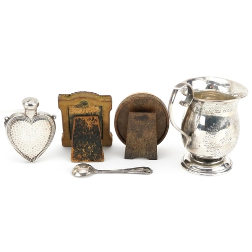 678 - Antique and later silver objects including a christening tankard, a scent bottle in the form of a lo... 