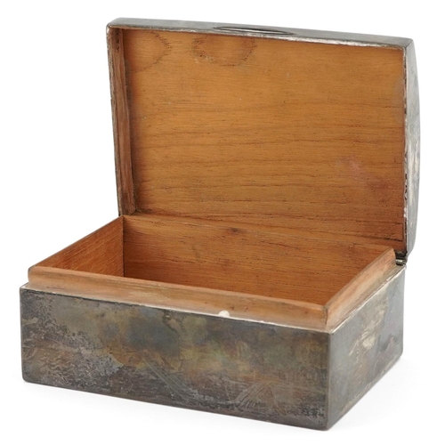 662 - A rectangular silver dome topped cigar box with hinged lid, indistinct hallmarks, 5.5cm H x 12.5cm W... 