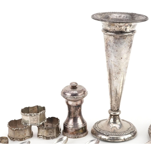 683 - Antique and later silver objects including a pepper mill, large bud vase, hand mirror and teaspoons,... 