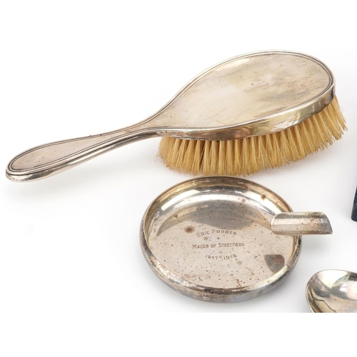 703 - Antique and later silver items including an apostle spoon, ashtray, silver backed clothes brush and ... 