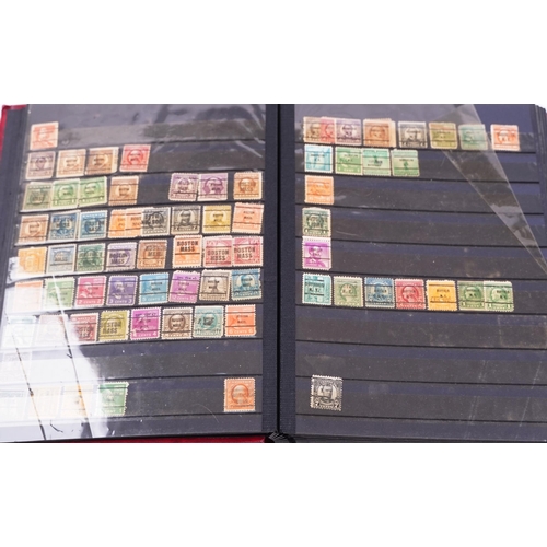 1525 - A large quantity of USA pre-cancels, some on stock cards, two stock albums and some loose stamps tog... 