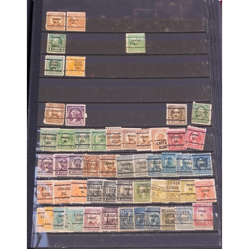 1525 - A large quantity of USA pre-cancels, some on stock cards, two stock albums and some loose stamps tog... 