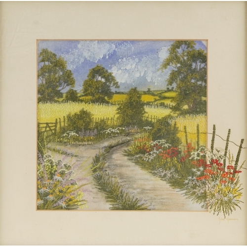 202 - A mid 20th century hand painted and embroidered landscape picture by Anne Harrison, within a carved ... 