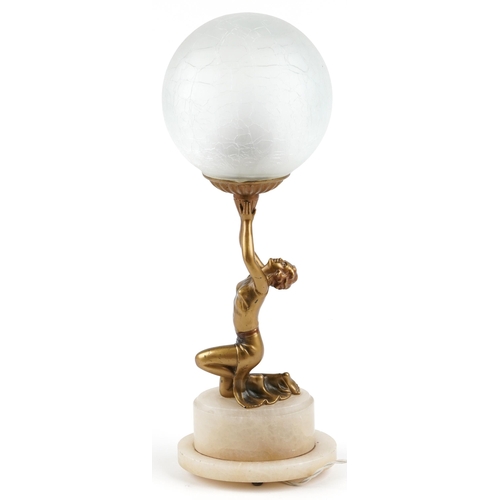 5 - An Art Deco gilt metal table lamp base in the form of a dancing girl on an alabaster plinth base, 45... 