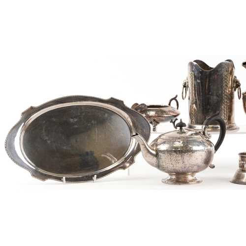 1381 - A collection of plated items including kettle, teapot, bottle stand and three trays.