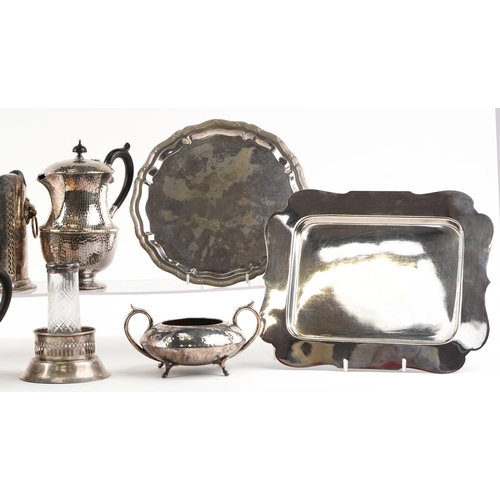 1381 - A collection of plated items including kettle, teapot, bottle stand and three trays.