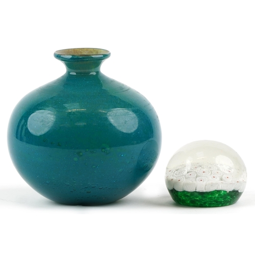 1322 - A Mdina green glass squat vase, 14cm high, together with a Murano millefiori paperweight, 8cm in dia... 