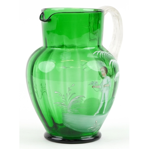 67 - A Victorian Mary Gregory green glass jug with enamelled decoration, 19cm high.