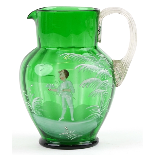 67 - A Victorian Mary Gregory green glass jug with enamelled decoration, 19cm high.