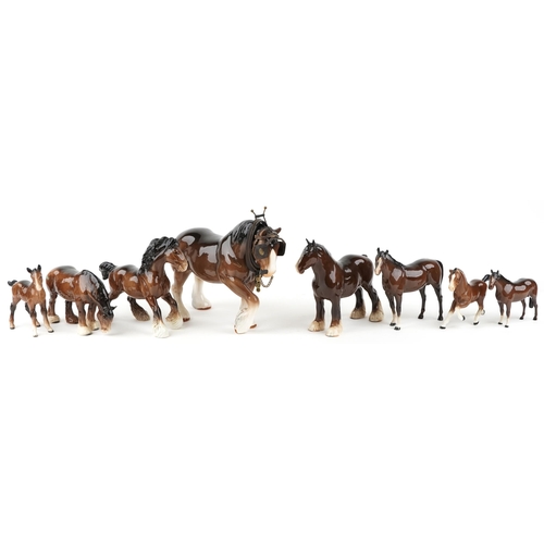 441 - Six Beswick brown horses and two Sylvac horses including a large Shire horse, the largest 34cm in le... 